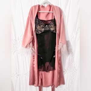 Feather! Pink and Black Lace Robe and Baby Doll Set (MEDIUM fit)